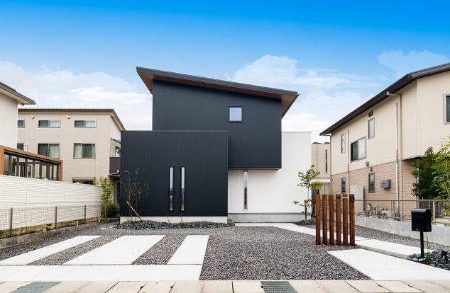 二つの箱型のボリュームに流れ屋根のボリュームがのった外観　